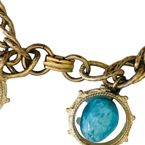 1950s Fun Vintage Blue Art Glass Crystal Pearl Chunky Charm BRACELET - Picture 4 of 9